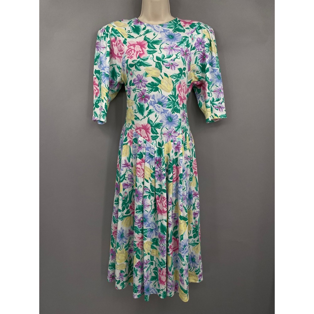 Vtg 80s Robin Gayle Floral Basque Waist Dress Womens 7 Midi Garden Party Cottage